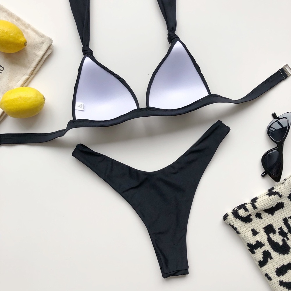 🆕Black Neck Tie Shell Top Bikini Set Bathing Suit - Picture 5 of 5